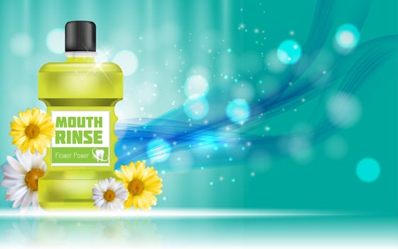 Mouth Rinse Design Cosmetics Product Bottle with Flowers Chamomile Template for Ads, Announcement Sale, Promotion New Product or Magazine Background. 3D Realistic Vector Iillustration