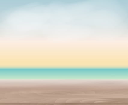 Wood Table Top on Abstract Blur Natural Sea Background for Display or Montage Your Products Template for Ads, Announcement Sale, Promotion New Product or Magazine Background. 3D Realistic vector