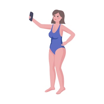 Woman in swimsuit making selfie or recording video. Hello summer, summer vacation, summer fun. Hand drawn vector illustration.