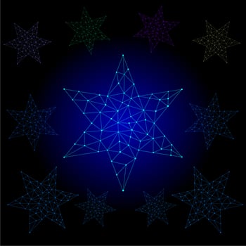 Low polygonal glowing five angles star with tail made of constellation of stars, lines, triangular shapes. Success, win symbol concept. Futuristic wireframe design vector illustration.