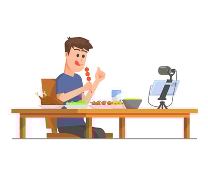 A man creating video content about food reviews vector