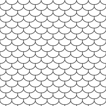 Abstract seamless fish scale pattern, outline of black and white tile roof. Design geometric texture for print. Linear style, vector illustration