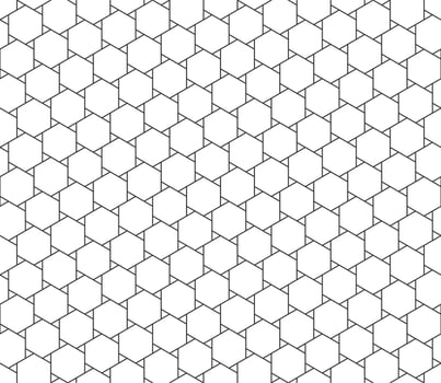 Abstract seamless geometric pattern, black and white outline of hexagons with small triangle shape. Linear style, vector illustration
