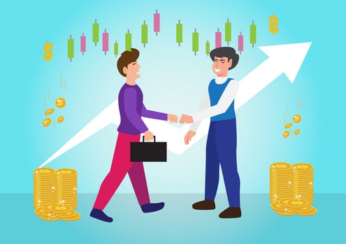 business people clash with profitable investment fundraising flat vector illustration stock market income pile of coins vector flat style cartoon illustration