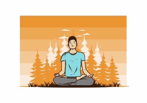 illustration of a someone doing yoga and meditating outdoors in a forest in nature among pine trees vector