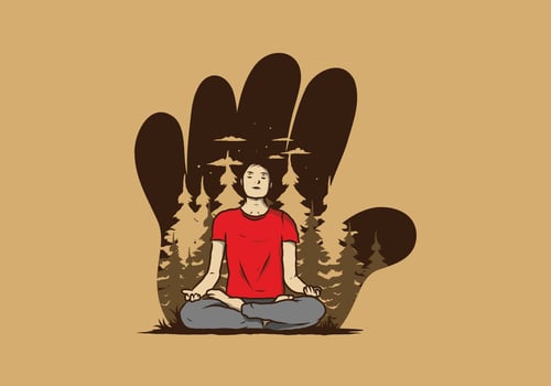 illustration of a someone doing yoga and meditating outdoors in a forest in nature among pine trees vector