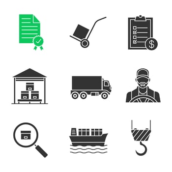 Cargo shipping glyph icons set. Certificate, dolly cart, invoice, warehouse, delivery truck, driver, parcel tracking, cargo vessel, crane hook. Silhouette symbols. Vector isolated illustration