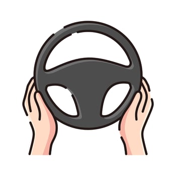 Steering wheel icon. Hands on steering wheel. Driver. Driving car. Test drive. Vector icon isolated on white background.