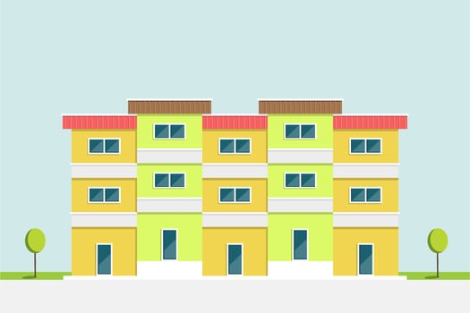Flat design, green and yellow apartment building asia style with clear blue sky background, vector illustration