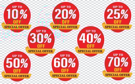 10,20,25,30,40,50,60,70 percent special offer. Speech bubble tag with ribbon vector