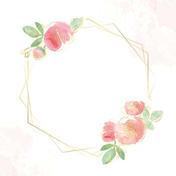 watercolor loose rose flower bouquet with gold line art geometry frame square banner background vector