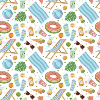 Cartoon summer elements seamless pattern. Sling chair, umbrella, towel, drinks and food. Great for wallpaper, print. Isolated on white background. vector