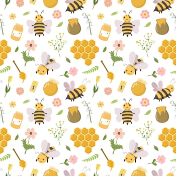 Sweet honey seamless pattern. Cute bees, tasty honey, bee hive, colorful flowers, honeycomb. Vector background. Design for fabric, textile, kids print.