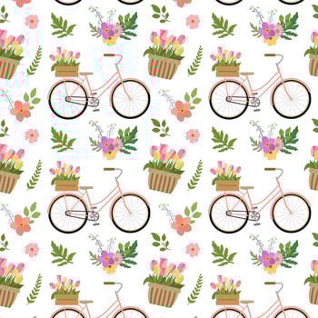 Vintage style pattern with floral bicycle and pretty pink, yellow flowers. Isolated on white background. Cute and romantic botanical garden print for textile design, cards. vector