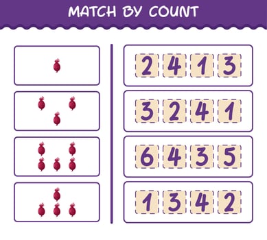 Match by count of cartoon beet. Match and count game. Educational game for pre shool years kids and toddlers vector