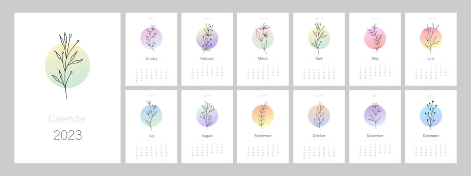 Calendar template for 2023. Vertical design with botanical line art. Natural colors. Editable illustration page template A4, A3, set of 12 months with cover. Vector mesh. Week starts on Monday.