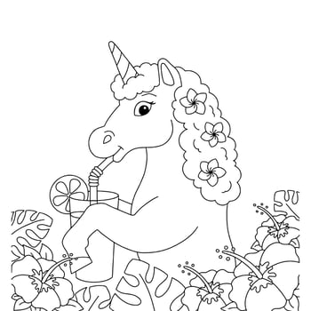 Cute unicorn is drinking juice. Coloring book page for kids. Cartoon style character. Vector illustration isolated on white background.