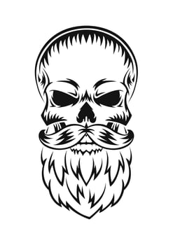 Human skull with beard and mustache. Black silhouette. Design element. Hand drawn sketch. Vintage style. Vector illustration.