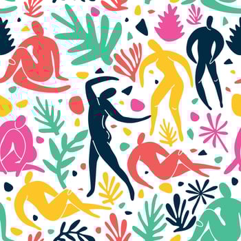 Seamless pattern abstract people doodle and nature icons on isolated white background. Summer collection, organic shapes in freehand matisse art style. Floral art. vector