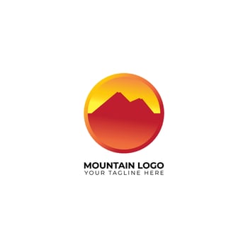 Nature or Outdoor sports logo design template isolated on white color background. Silhouette of mountain inside of ellipse shape logo design concept. Yellow Orange color gradation vector