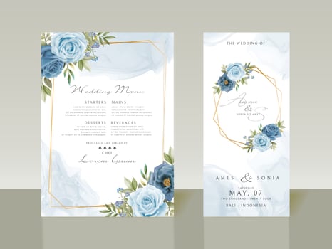 Elegant blue flowers wedding invitations vector