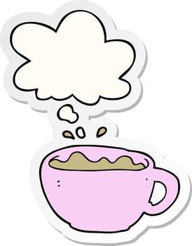cartoon coffee cup and thought bubble as a printed sticker vector
