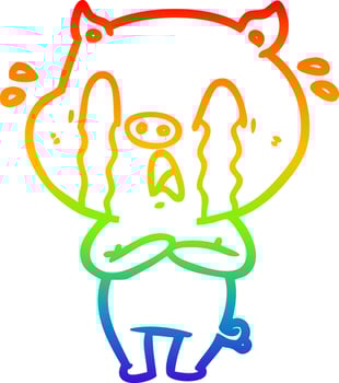 rainbow gradient line drawing crying pig cartoon vector