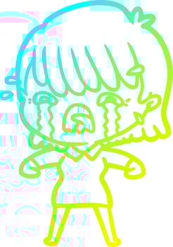 cold gradient line drawing cartoon girl crying vector
