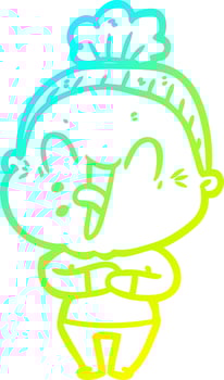 cold gradient line drawing cartoon happy old woman vector