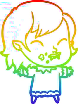 rainbow gradient line drawing cartoon vampire girl with blood on cheek vector