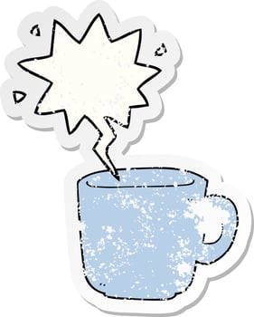 cartoon coffee cup and speech bubble distressed sticker vector