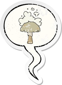 cartoon mushroom and spore cloud and speech bubble distressed sticker vector