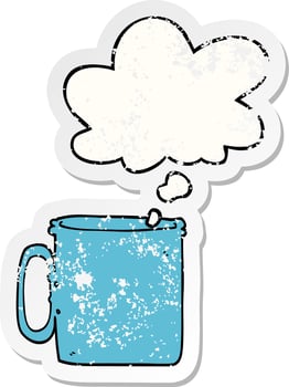 cartoon camping cup of coffee and thought bubble as a distressed worn sticker vector