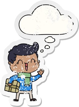 cartoon laughing boy and thought bubble as a distressed worn sticker vector