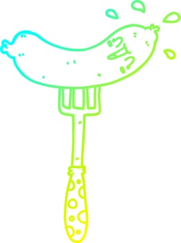 cold gradient line drawing cartoon happy sausage on fork vector