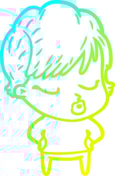 cold gradient line drawing cartoon woman with eyes shut vector