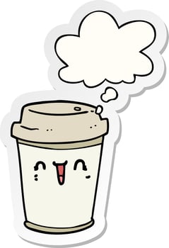 cartoon take out coffee and thought bubble as a printed sticker vector