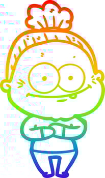 rainbow gradient line drawing cartoon happy old woman vector