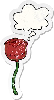 cartoon flower and thought bubble as a distressed worn sticker vector
