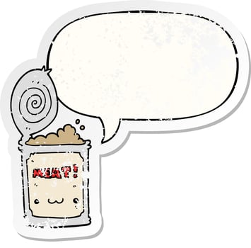 cartoon canned food and speech bubble distressed sticker vector