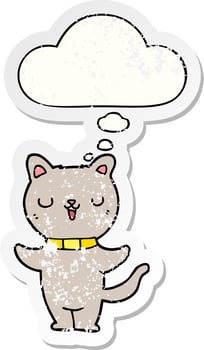 cartoon cat and thought bubble as a distressed worn sticker vector