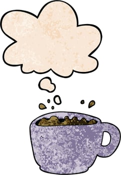 cartoon coffee cup and thought bubble in grunge texture pattern style vector