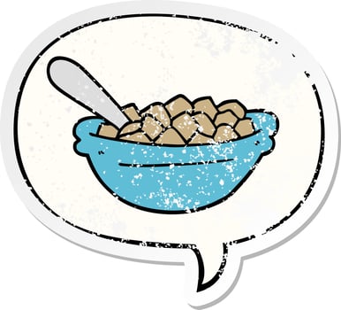 cartoon cereal bowl and speech bubble distressed sticker vector