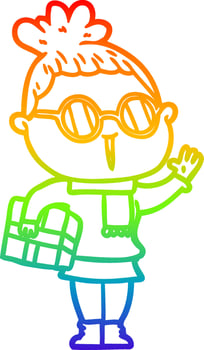 rainbow gradient line drawing cartoon woman wearing spectacles vector