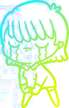 cold gradient line drawing cartoon woman crying vector