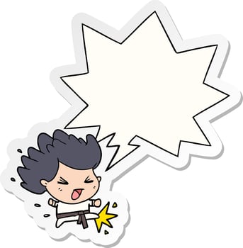 cute cartoon kicking karate champion and speech bubble sticker vector