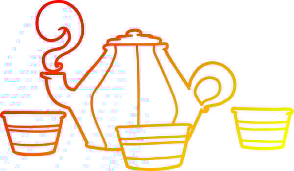 warm gradient line drawing cartoon teapot and cups vector