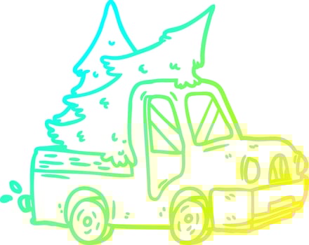 cold gradient line drawing pickup truck carrying christmas trees vector
