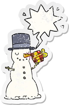 cartoon christmas snowman and speech bubble distressed sticker vector
