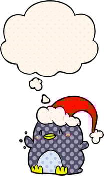 cartoon penguin wearing christmas hat and thought bubble in comic book style vector